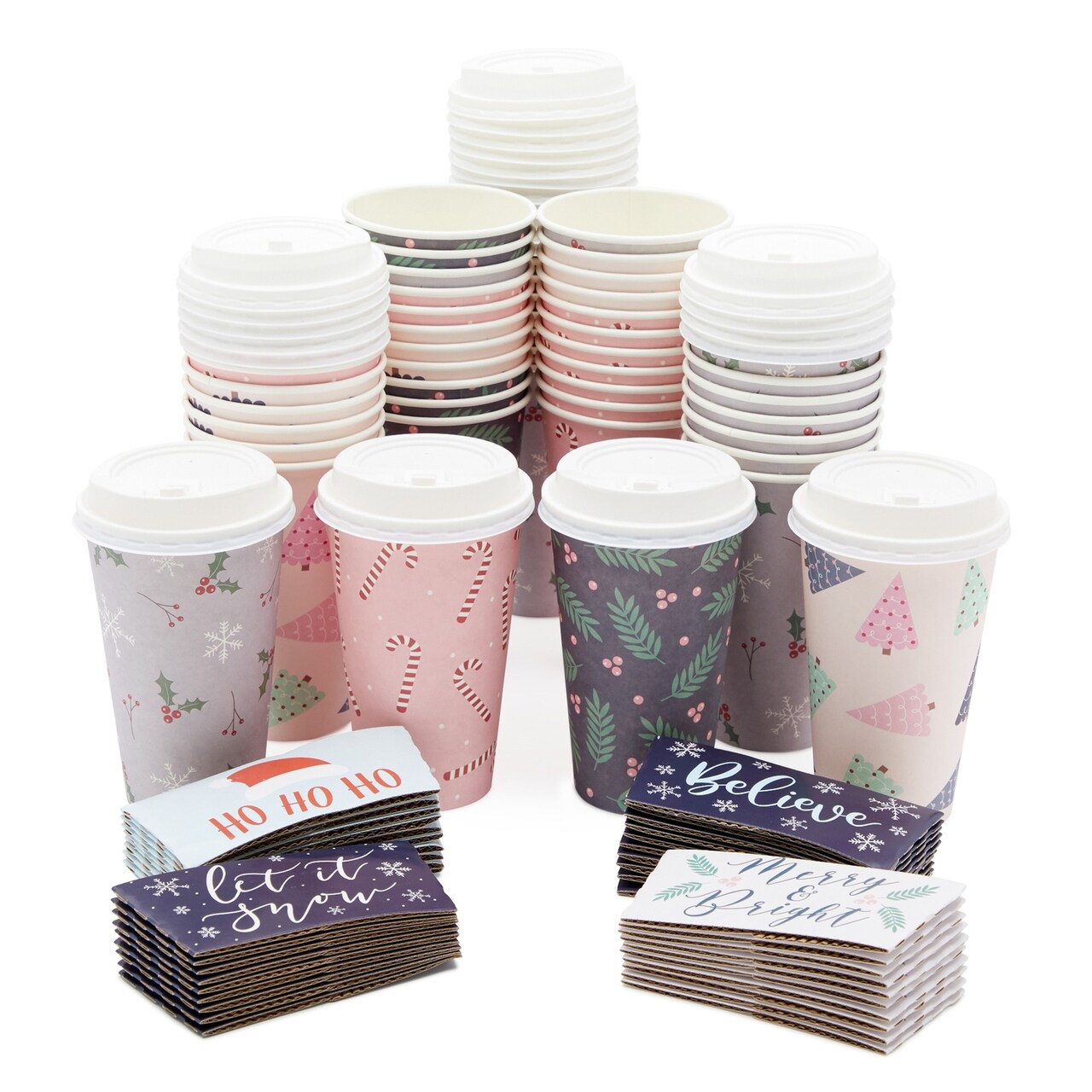 16 oz Disposable Christmas Coffee Cups with Lids and Sleeves, 4